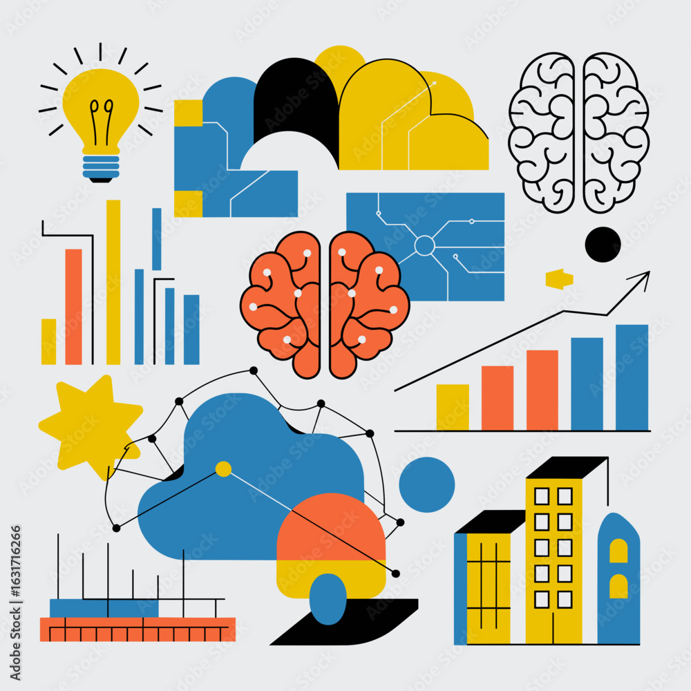 Aufkleber duotone abstract shapes with brain, circuit board, and graph elements