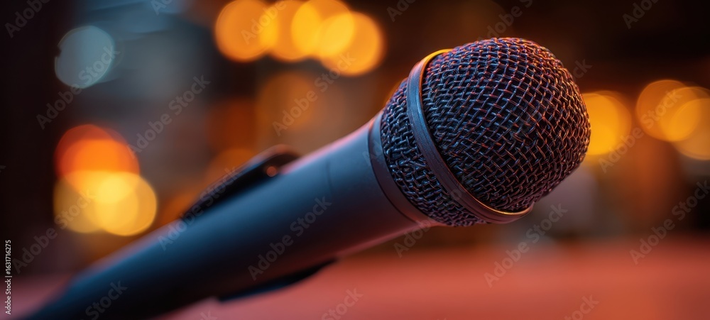 Poster the microphone on stage illuminated by bokeh lights in the background