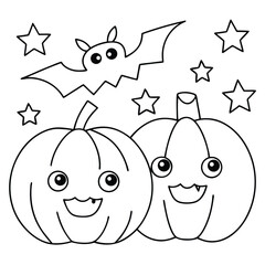 Two smiling pumpkins and a bat flying among stars for Halloween cartoon drawing