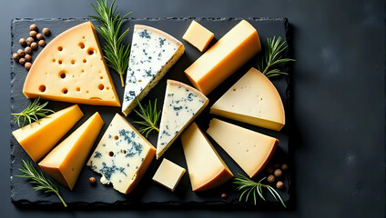 Top view flat lay of various kinds of cheese, isolated on dark background with copy space - dairy product and food ingredient concept 