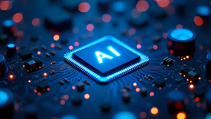 A computer cpu motherboard mainboard with "AI" powered chip semi conductor processor circuit board - future technology, digital data, big data, deep learning concept