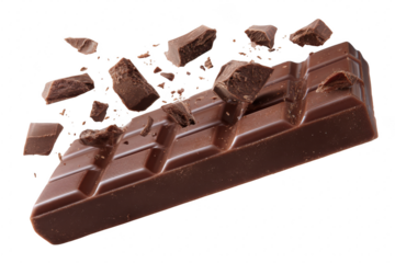 A chocolate bar with broken pieces floating around it on a Transparent Background
