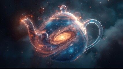 Cosmic Teapot Anomaly Floating in a Swirling Nebula with Sparkling Dust and Celestial Bodies