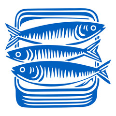 Three sardines in an open can, canned food. Fish, seafood lunch concept. Blue vector icon, symbol or emblem for menu, label, banner, product packaging
