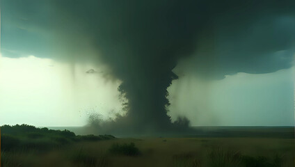 Portrait of powerful tornado spirals across an open field, dramatic, stormy sky, thunderstorm vivid contrasts of sunlight and dark clouds - natural disaster and the power of nature concept