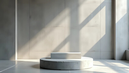 Mockup of empty white podium or pedestal, sunlit industrial loft room background with concrete wall and dramatic shadows - modern minimalist background for product display and advertising template 