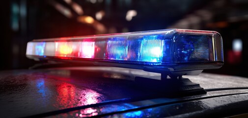 The flashing lights of a police vehicle in an urban setting at night.