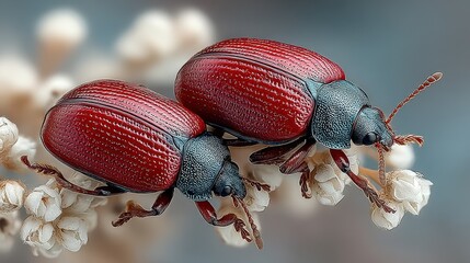 Red weevils interact on blooming flowers in a natural setting during daytime