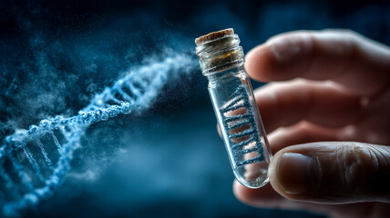 Genetic Code: A hand holds a vial containing a DNA strand, with another DNA model emerging, representing innovation.
