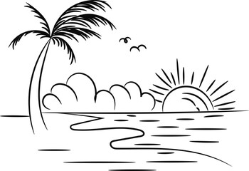 Vector illustration of a tropical island with palm trees on a sunny beach