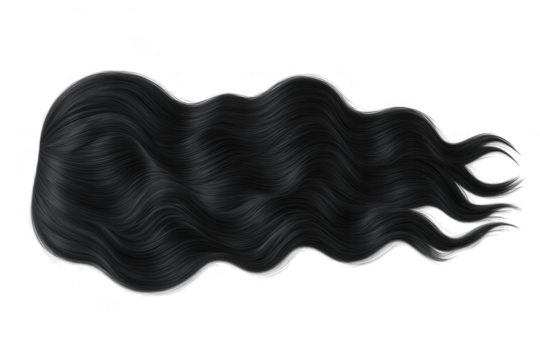 A dark wavy hair piece against a Transparent Background displaying smooth and shiny texture and elegant curls