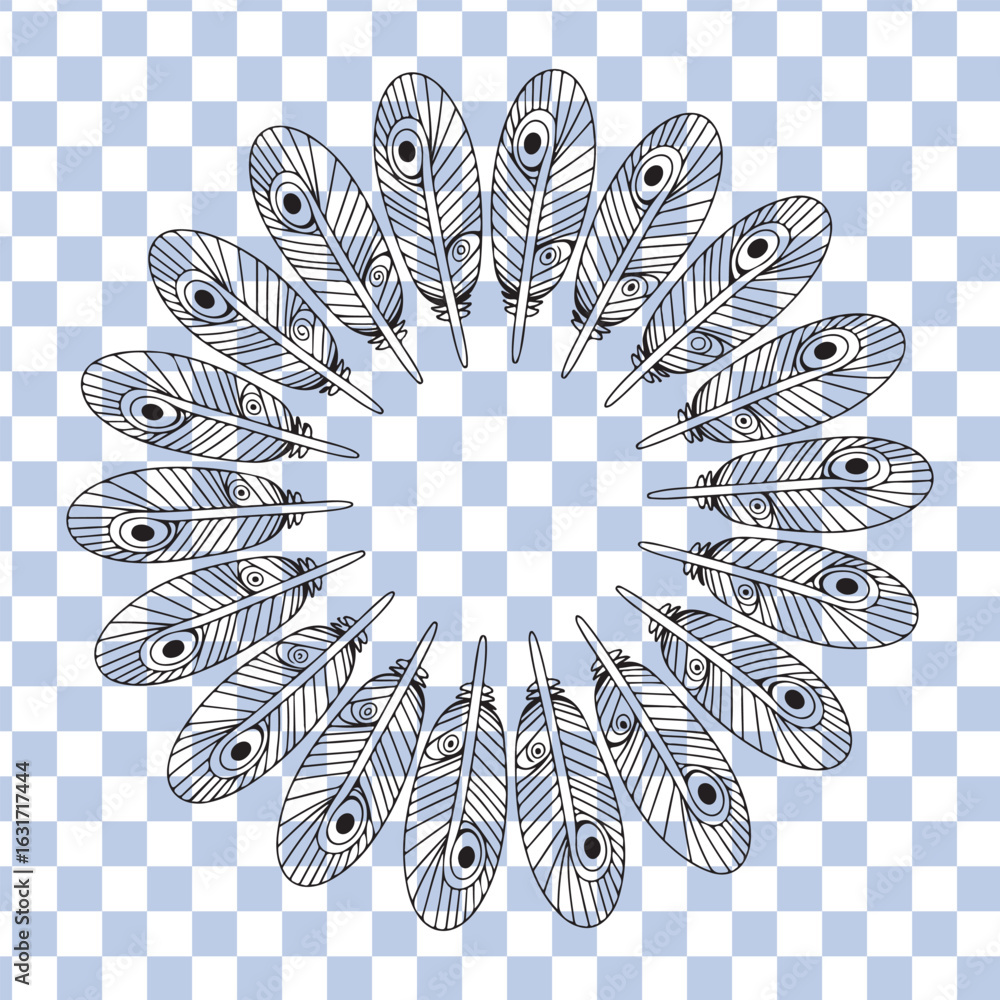 Poster feather mandala design with black outlines on checkered background pattern circular
