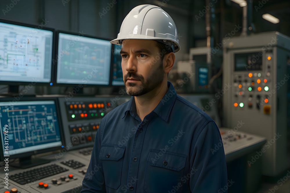 Poster man wearing a protective hard hat standing in front of an industrial control panel with illuminated 