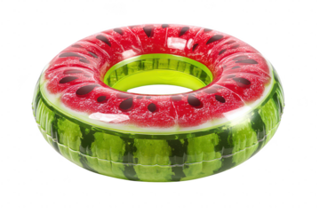 A watermelon themed inflatable swimming ring floating against a Transparent Background