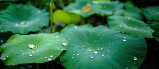 Lush green lotus leaves adorned with water droplets create a serene and refreshing natural scene.