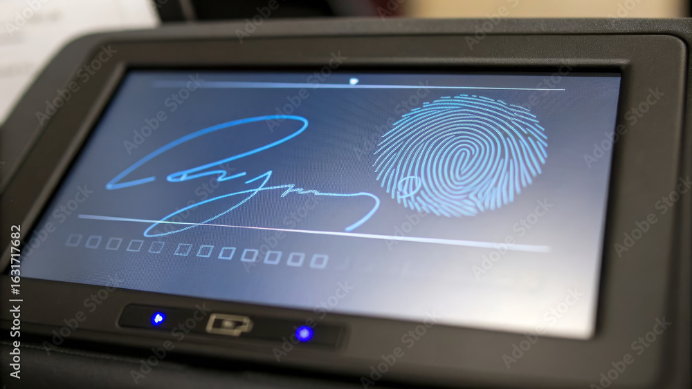 Poster biometric identification device displaying fingerprint and digital signature, showcasing advanced te