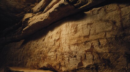 Ancient rock art is etched into a cave wall, showcasing intricate designs and historical significance in a dimly lit environment.
