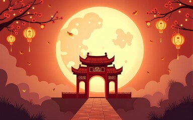 Card for mid-autumn or harvest moon festival. Decoration for mid autumn holiday or Zhongqiu jie. Reunion or children festival for China and Vietnam. Full moon and palace gate, sky lantern. Religion