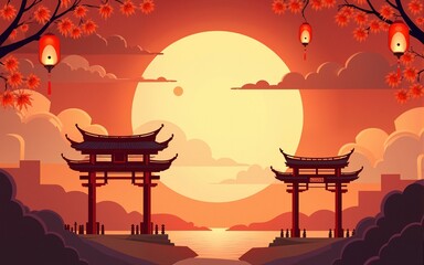 Card for mid-autumn or harvest moon festival. Decoration for mid autumn holiday or Zhongqiu jie. Reunion or children festival for China and Vietnam. Full moon and palace gate, sky lantern. Religion