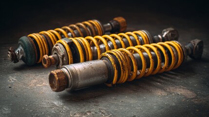 Three metallic shock absorbers with yellow coils are displayed against a dark background, showcasing their textures and mechanical design.