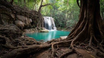 A serene waterfall cascades into a turquoise pool, surrounded by lush greenery and intricate tree roots in a tranquil forest setting.