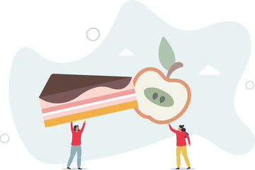 Two women with different food. Balanced diet and unhealthy nutrition .human life.