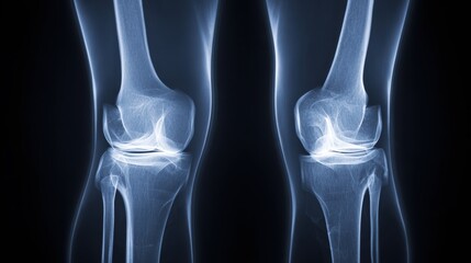 A detailed X-ray image showing the structure of human knees, highlighting the bones and joints clearly against a dark background.
