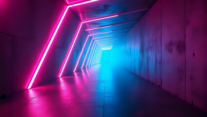 Abstract futuristic geometric polygon 3d shape space background, fluorescent LED light line streak, colorful laser neon lines, blue pink spectrum, geometric triangle shape tunnel with vibrant color