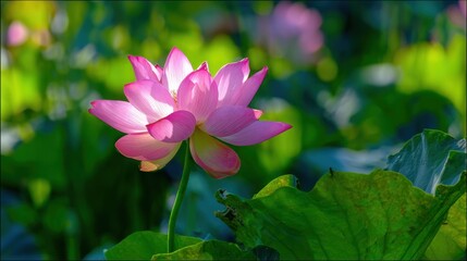 A vibrant pink lotus flower blooms amidst lush green leaves, capturing the essence of tranquility and natural beauty.