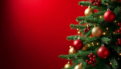 A beautifully decorated Christmas tree with red and gold ornaments, pinecones, and berries, isolated on red background, copy space - Christmas festive celebration for mockup template banner backdrop
