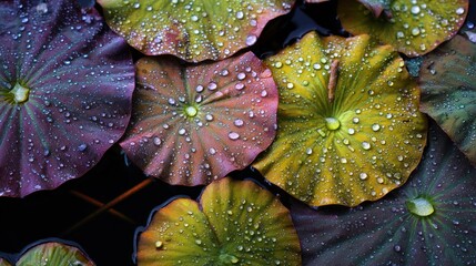 Colorful lily pads with droplets of water create a serene and vibrant aquatic scene, highlighting nature's beauty and tranquility.