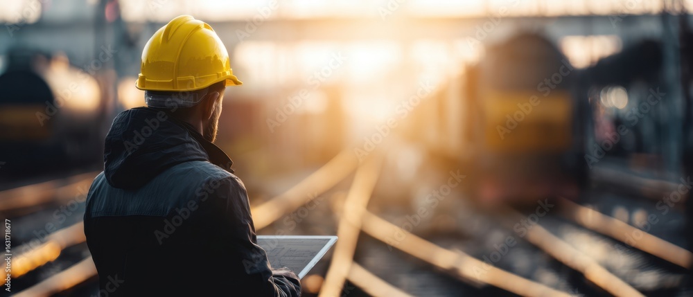 Poster the construction worker analyzing data on a tablet at a railway station during sunset.