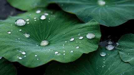 A close-up view of green lotus leaves adorned with glistening water droplets, showcasing nature's beauty and tranquility.