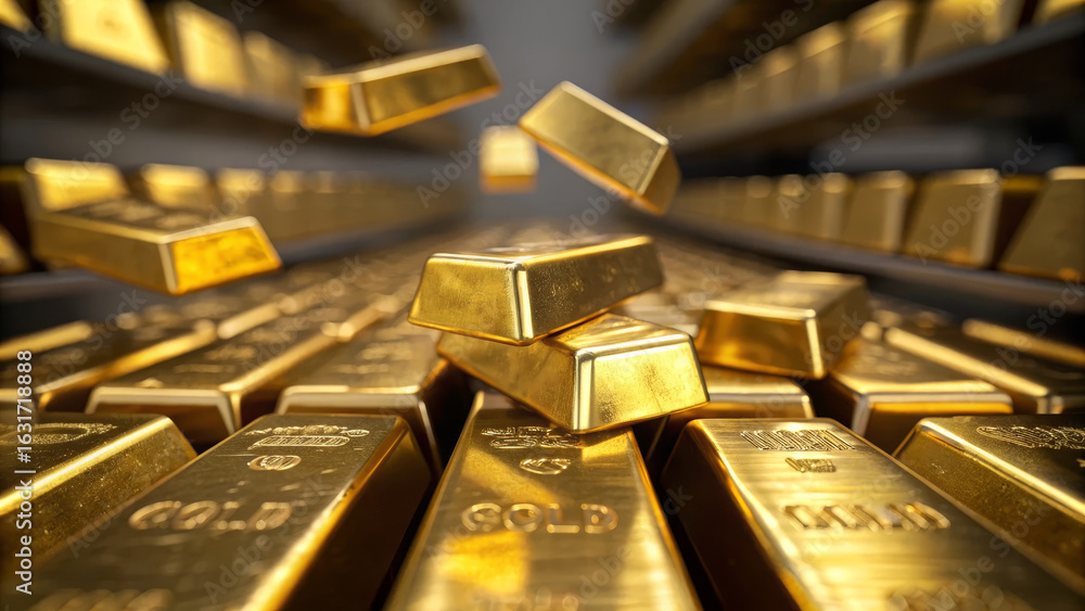 Poster gold bar stack concept ,exploded view of gold bars in motion, showcasing luxury and wealth in dynami