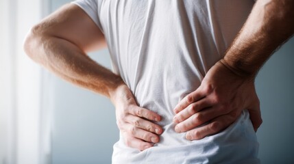 A person experiencing back pain, holding their lower back and looking uncomfortable in a softly lit room.
