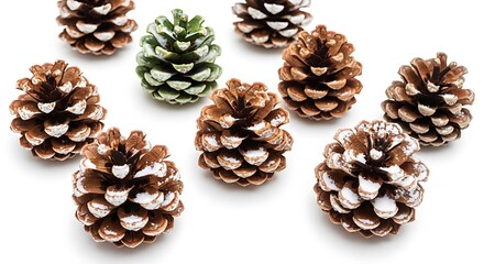 A group of pine cones with white tips and one green cone scattered on a white background surface