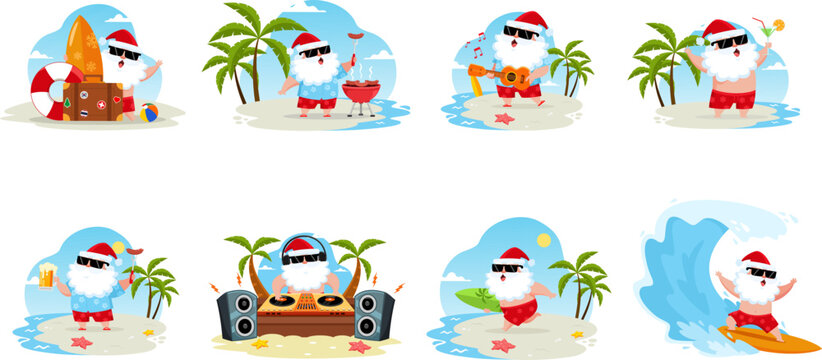 Summer Santa Claus In Different Poses. Vector Flat Design Collection Set