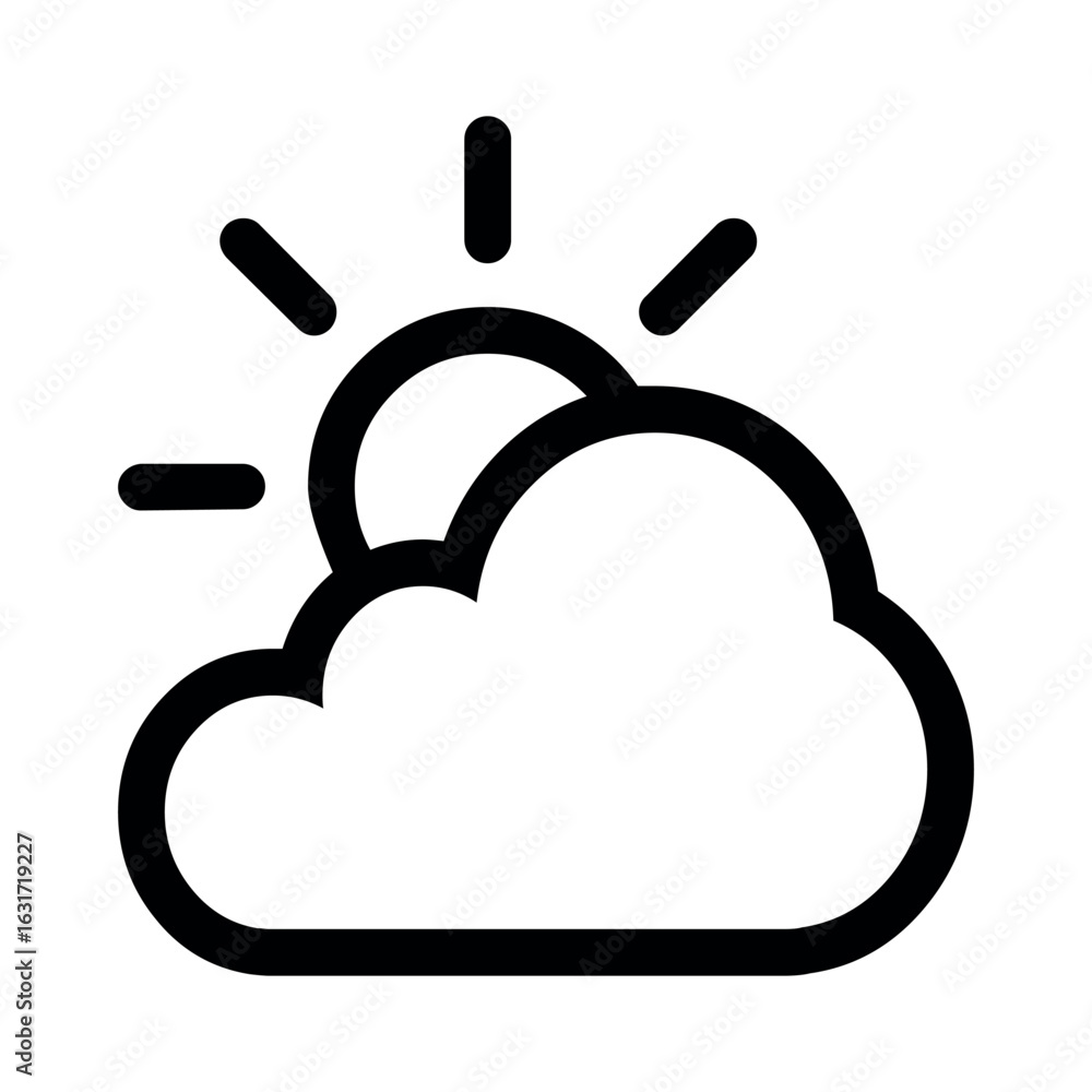 Poster outline weather icon depicting a sun partially obscured by a cloud with radiating lines above it