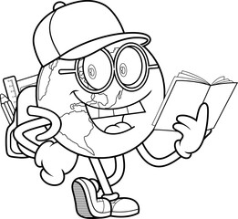 School Earth Globe Cartoon Character With Backpack Reading Book –  Black and White Vector Hand Drawn Illustration Isolated On Transparent Background