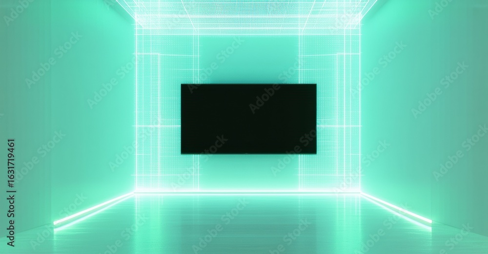 Poster minimalist room features glowing neon lines forming rectangular structure. dark rectangle dominates 