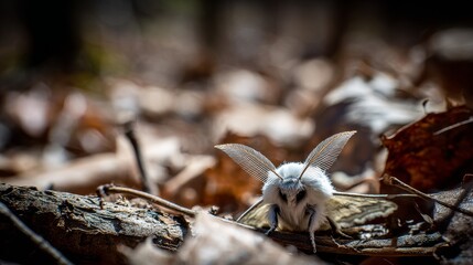 Fototapeta premium Close-up of Hickory Tussock Moth caterpillar on green leaves in natural Laurentian forest environment of Quebec. Detailed nature macro shot showing wildlife, insect, biodiversity, and forest habitat