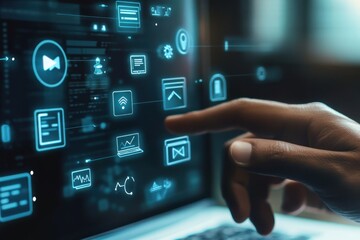 Hand interacting with futuristic digital interface and icons isolated on transparent background