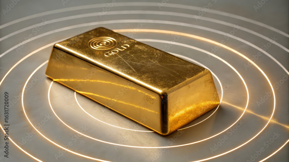 Poster gold bar stack concept ,shiny gold bar with glowing contour lines radiating from it, symbolizing wea