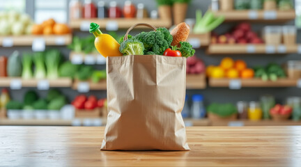 Fresh grocery bag filled with vegetables and fruits, showcasing healthy eating and vibrant colors in market setting