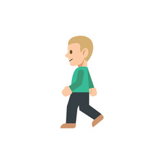 Illustration of a man with blond hair wearing a green shirt and black pants walking to the left side
