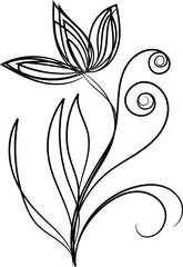 Black and white vintage floral design with a swirl, butterfly, and leaf ornament
