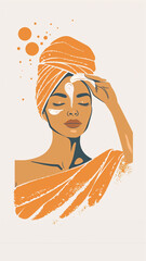 Skincare illustration. Woman with her hair wrapped in an orange towel applying face cream. 