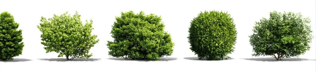 Five distinct, full green trees/bushes, isolated on white