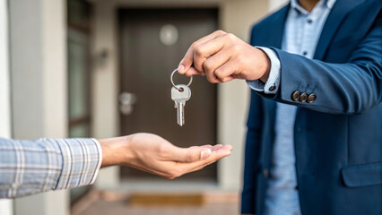 Home Construction Process concept ,Homeowner receiving keys from agent, celebrating new home ownership with joy