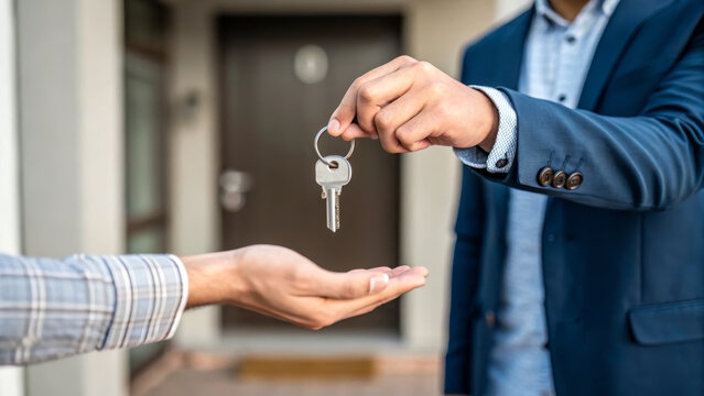 Home Construction Process concept ,Homeowner receiving keys from agent, celebrating new home ownership with joy